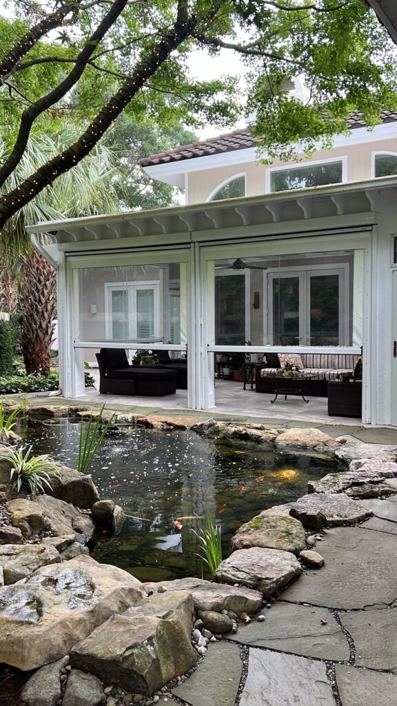 Backyard patio with pond and seating area.