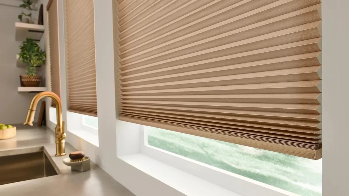 Kitchen window with brown blinds