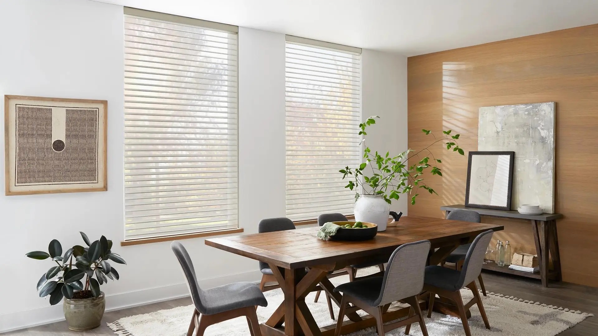 Modern dining room with wooden table and decor